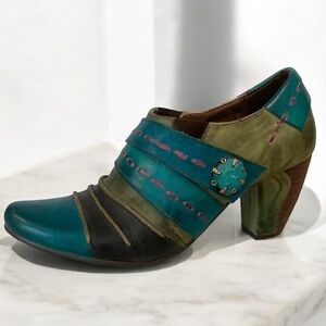 Spring Step Artistic Leather Heels Blue and Green Wondrous Size 37